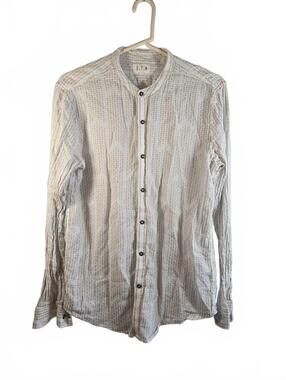 Sz M Textured Striped Mandarin Collar 100% Cotton Resortwear